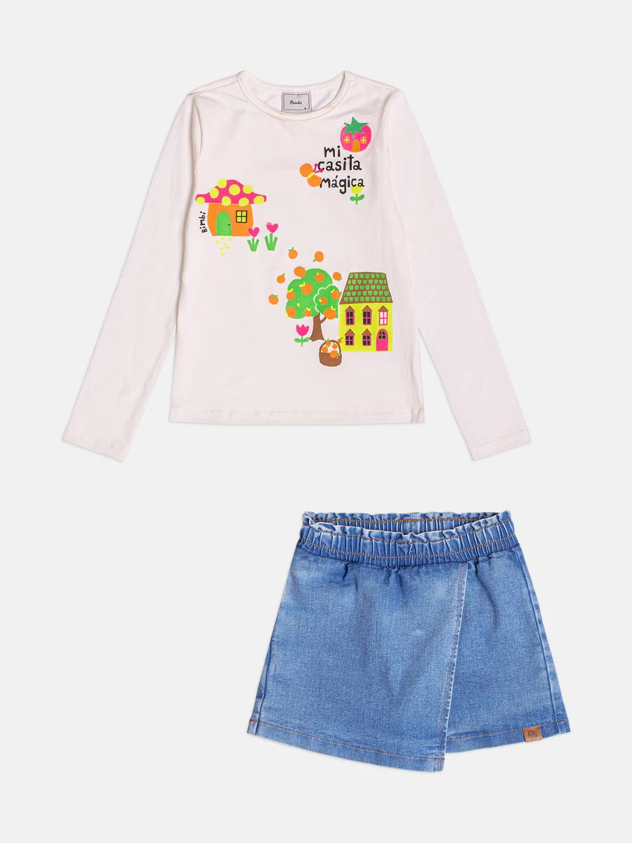 Conjunto Infantil Bimbi Inverno com Shorts Saia Jeans e Blusa Manga Longa Casinha