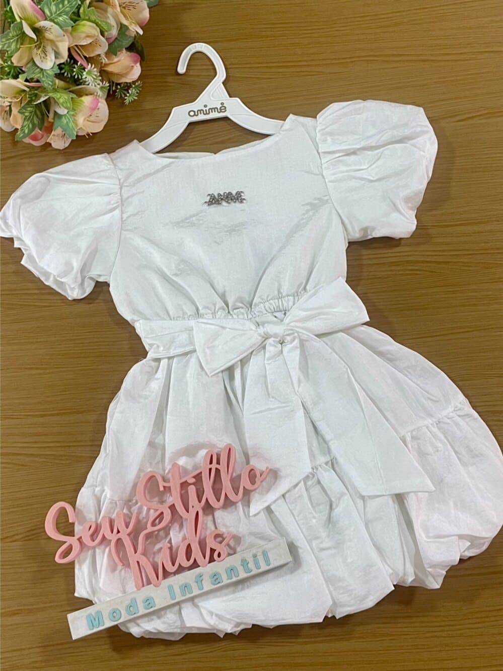 Vestido Infantil Animê Verão Branco Balonê