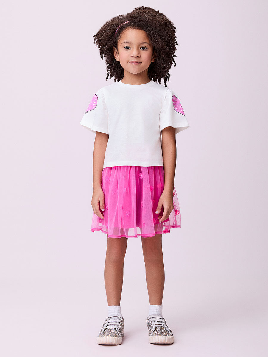 Conjunto Infantil Momi Verão Saia Rosa Tule e Blusa Coração