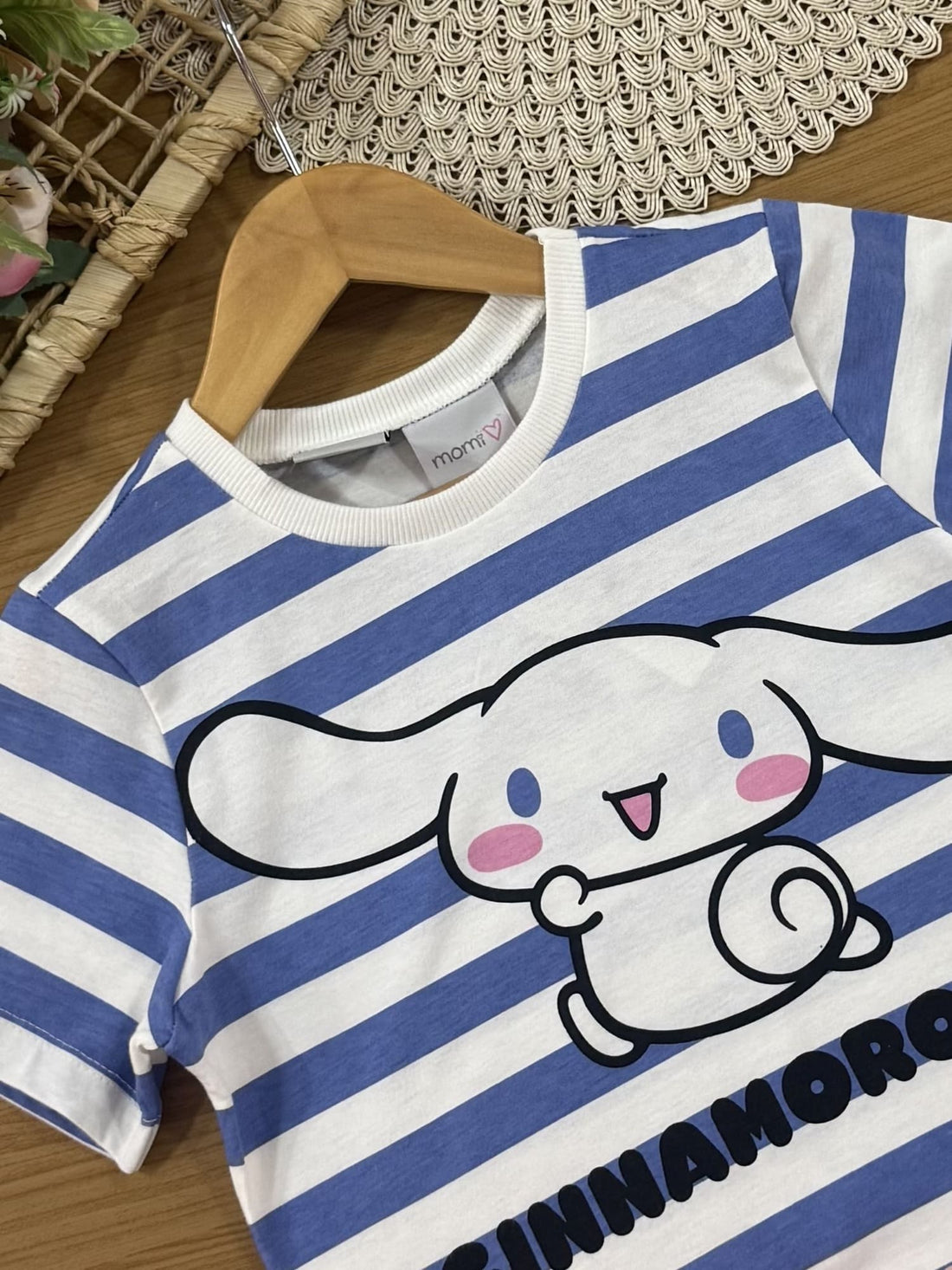Blusa Infantil Momi Verão Azul Listrada Cinnamoroll
