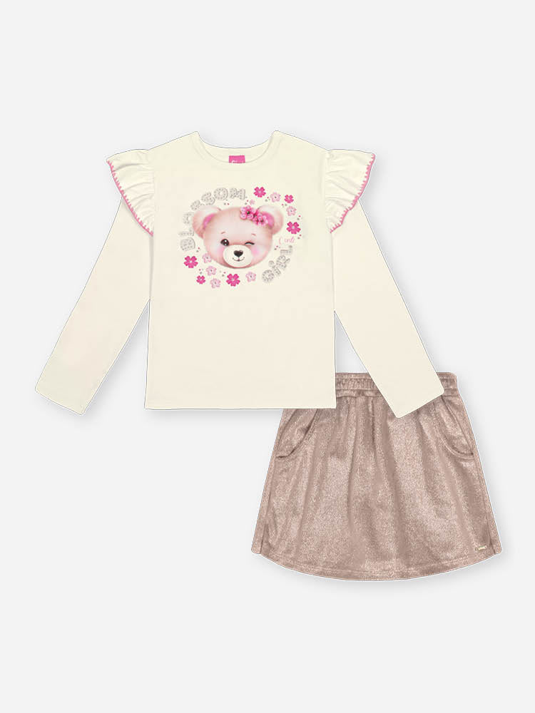 Conjunto Infantil Cinti Inverno com Shorts Saia Bege e Blusa Manga Longa Ursinha Flor