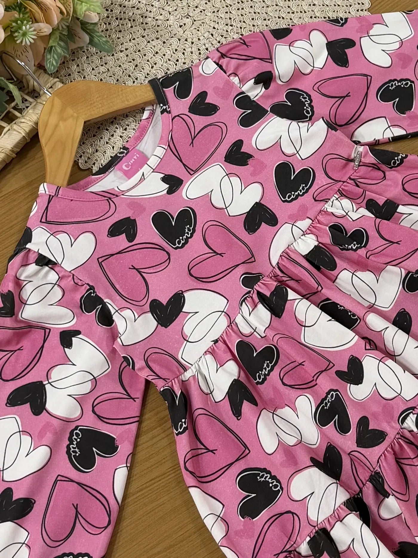 Vestido Infantil Cinti Inverno Manga Longa Rosa Corações