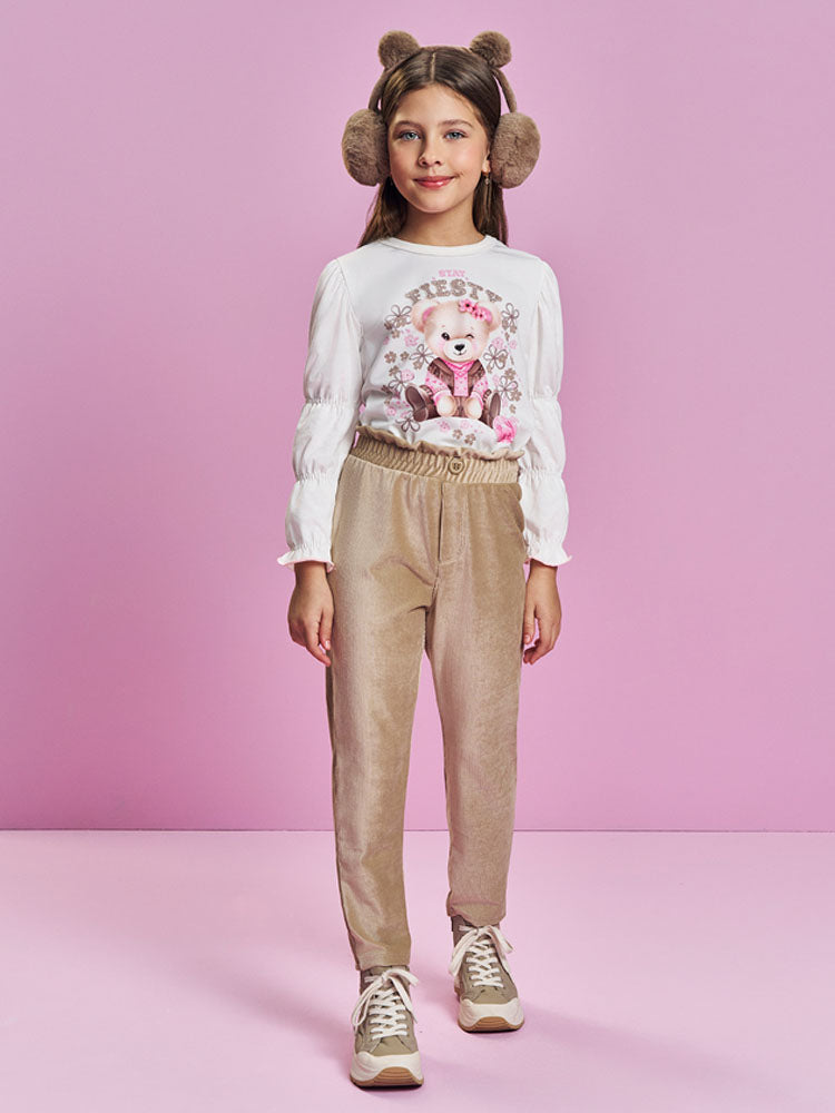 Conjunto Infantil Cinti Inverno com Calça  Bege e Blusa Manga Longa Ursinha Stay Fiesty