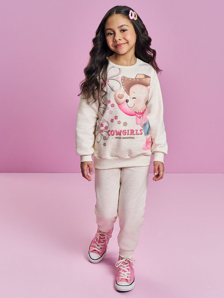 Conjunto Infantil Cinti Inverno com Calça e Moletom Flanelado Off White Ursinha Boiadeira