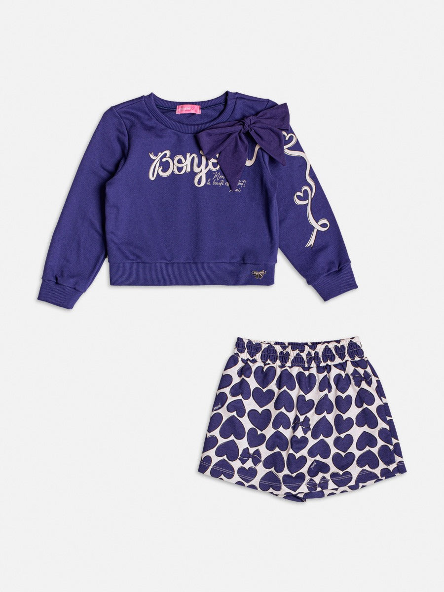 Conjunto Infantil Momi Inverno Short Saia e Casaco Azul com Laço