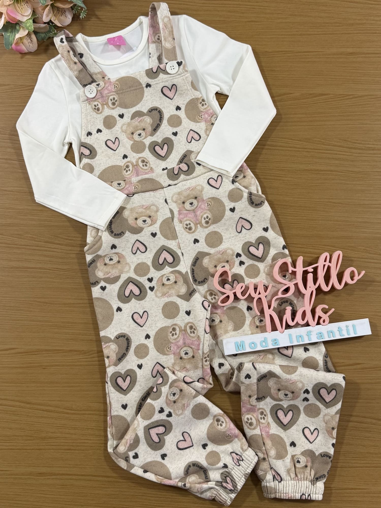 Jardineira Infantil Cinti Inverno Ursinhos e Blusa Manga Longa Branca