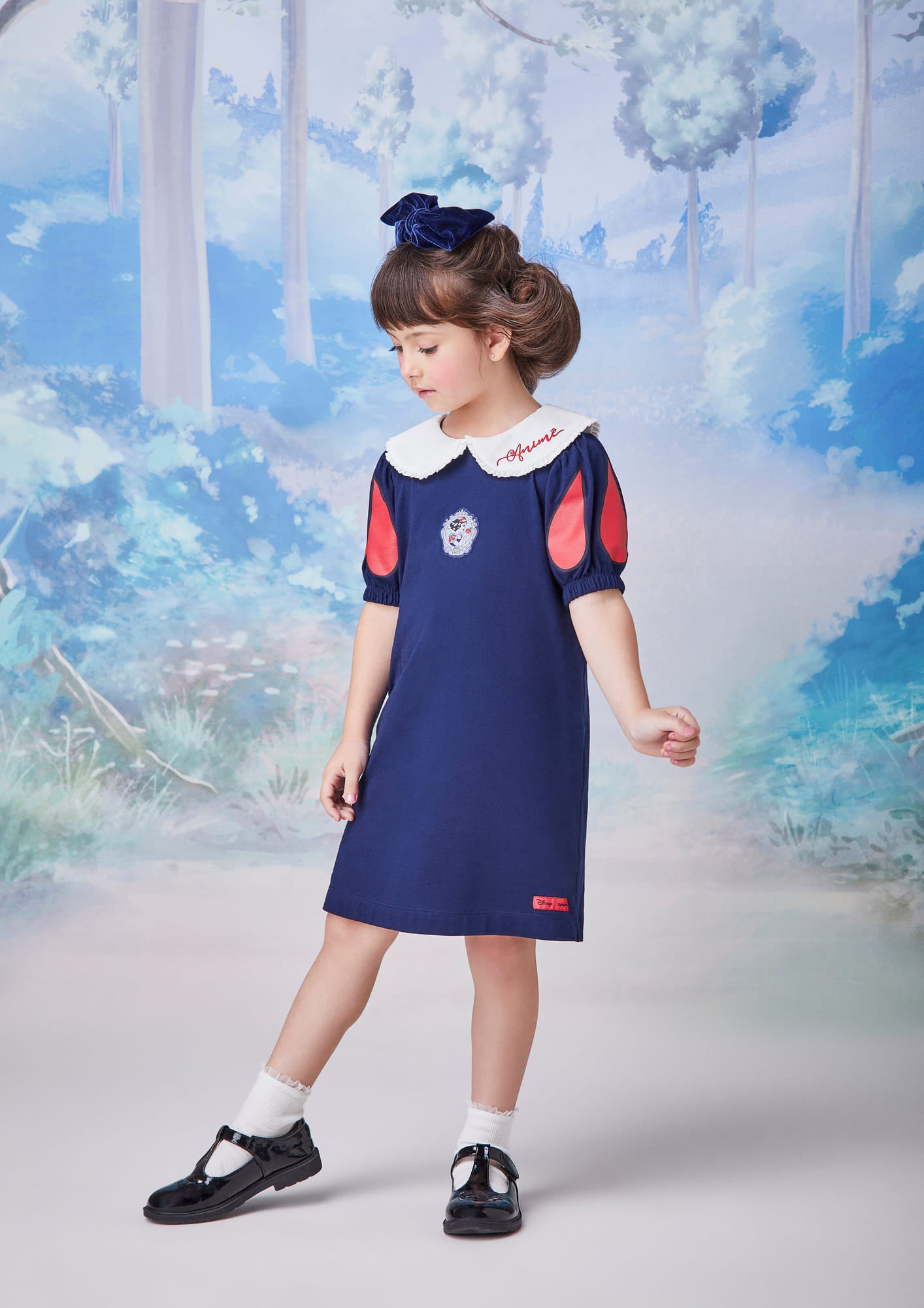 Vestido infantil Animê Manga Curta Azul Marinho Branca de Neve Disney