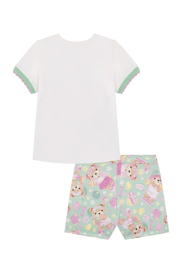 Conjunto Infantil Kukiê Verão com Shorts Saia Verde e Blusa Branca Ursinha Tênista