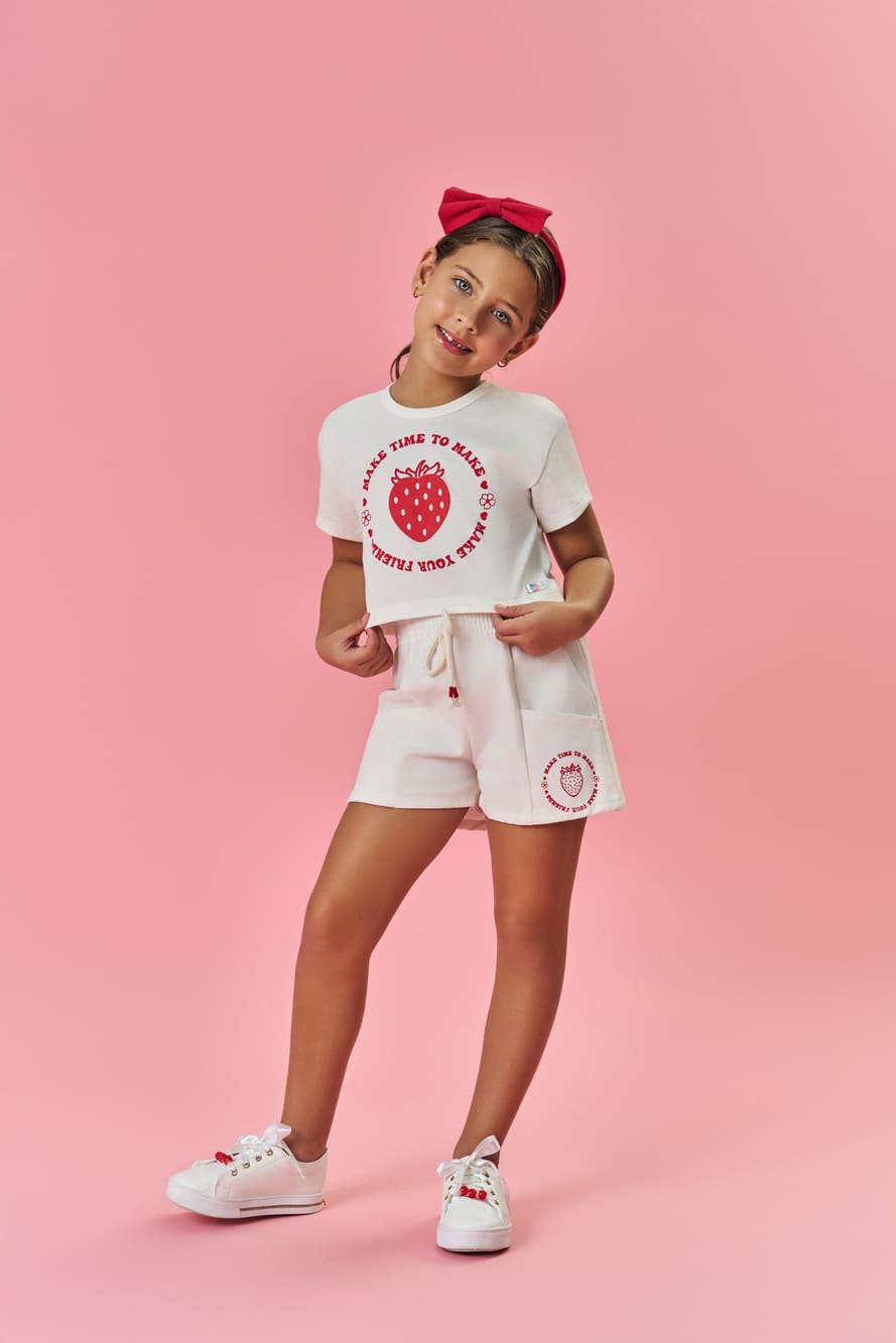 Shorts Infantil Cinti Verão Branco Moranguinho