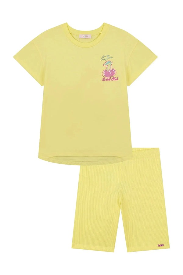 Conjunto Infantil Kukiê Verão com Shorts Ciclista e Blusa Amarela Cerejinha