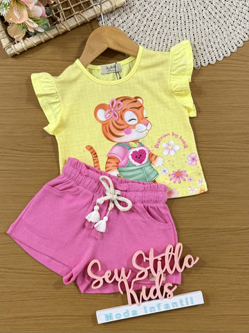 Conjunto Infantil Kukiê Verão com Short Rosa e Blusa Amarela Trigrinha