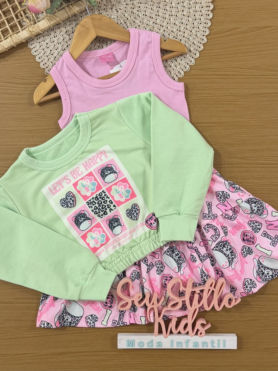Vestido Infantil Cinti Inverno Rosa com Moletom sem Flanela Verde Happy