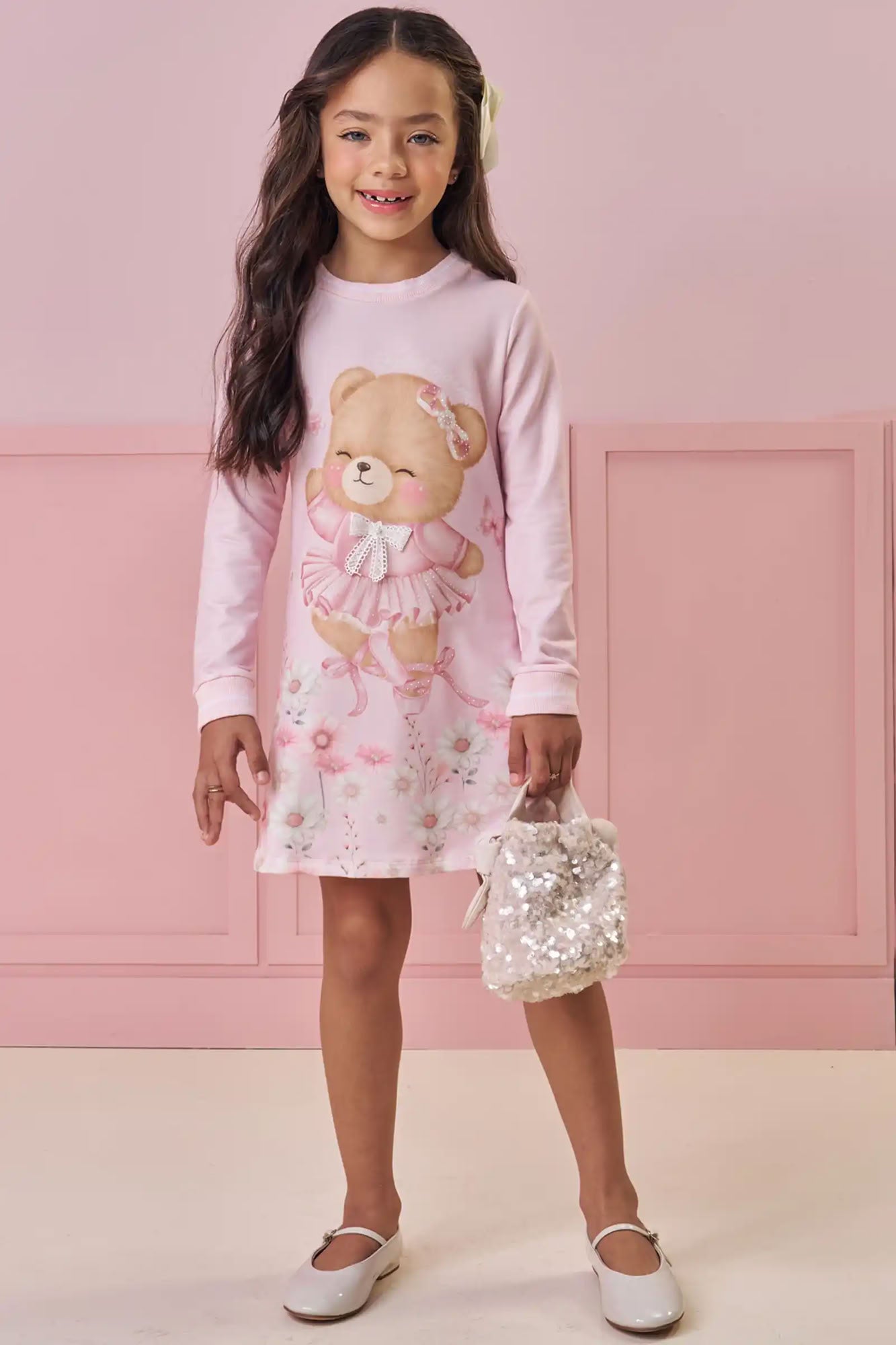 Vestido Infantil Kukiê Inverno Rosa Ursinha Bailarina