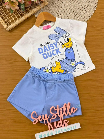 Conjunto Infantil Menina Momi com Shorts Azul e Blusa Branca Daisy Duck Strass Disney