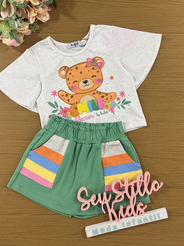 Conjunto Infantil Kukie Alecrim Verão Shorts Verde e Blusa Oncinha