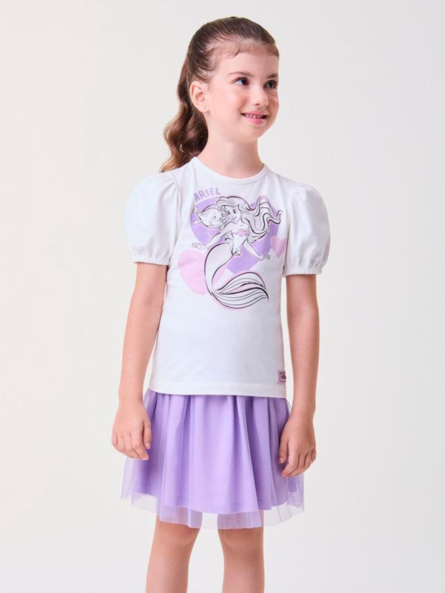 Conjunto Infantil Bimbi Verão com Saia em Tule Rosa e Blusa Branca Ariel Disney