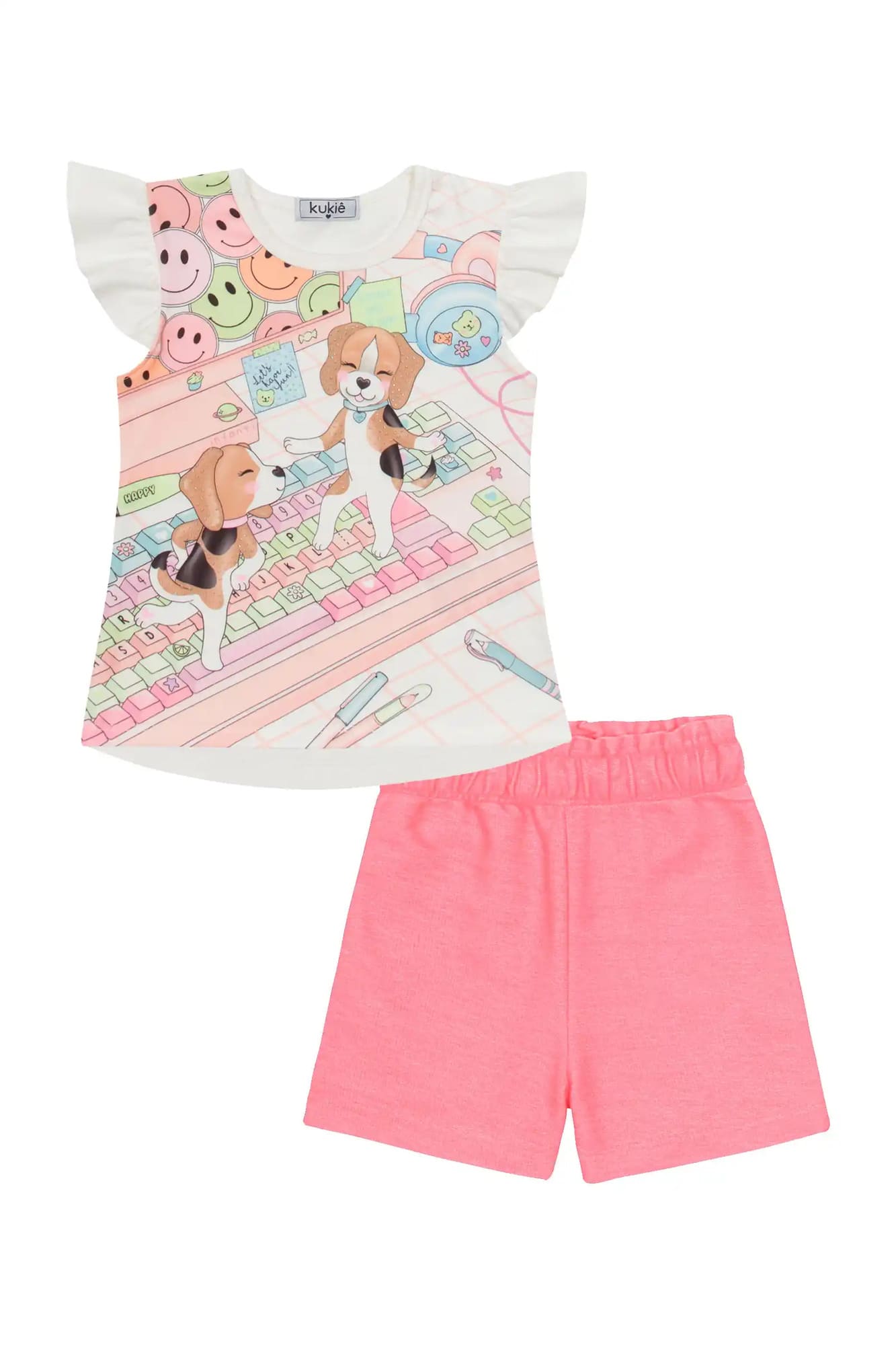 Conjunto Infantil Kukiê com Shorts Rosa e Blusa Manga Curta Cachorrinhos