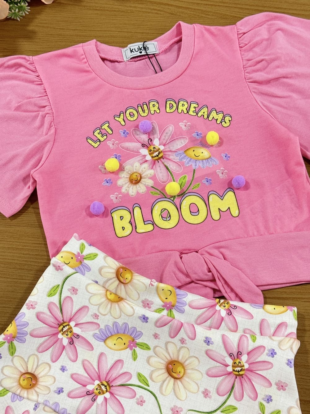 Conjunto Infantil Kukie Verão Saia e Blusa Rosa Flores