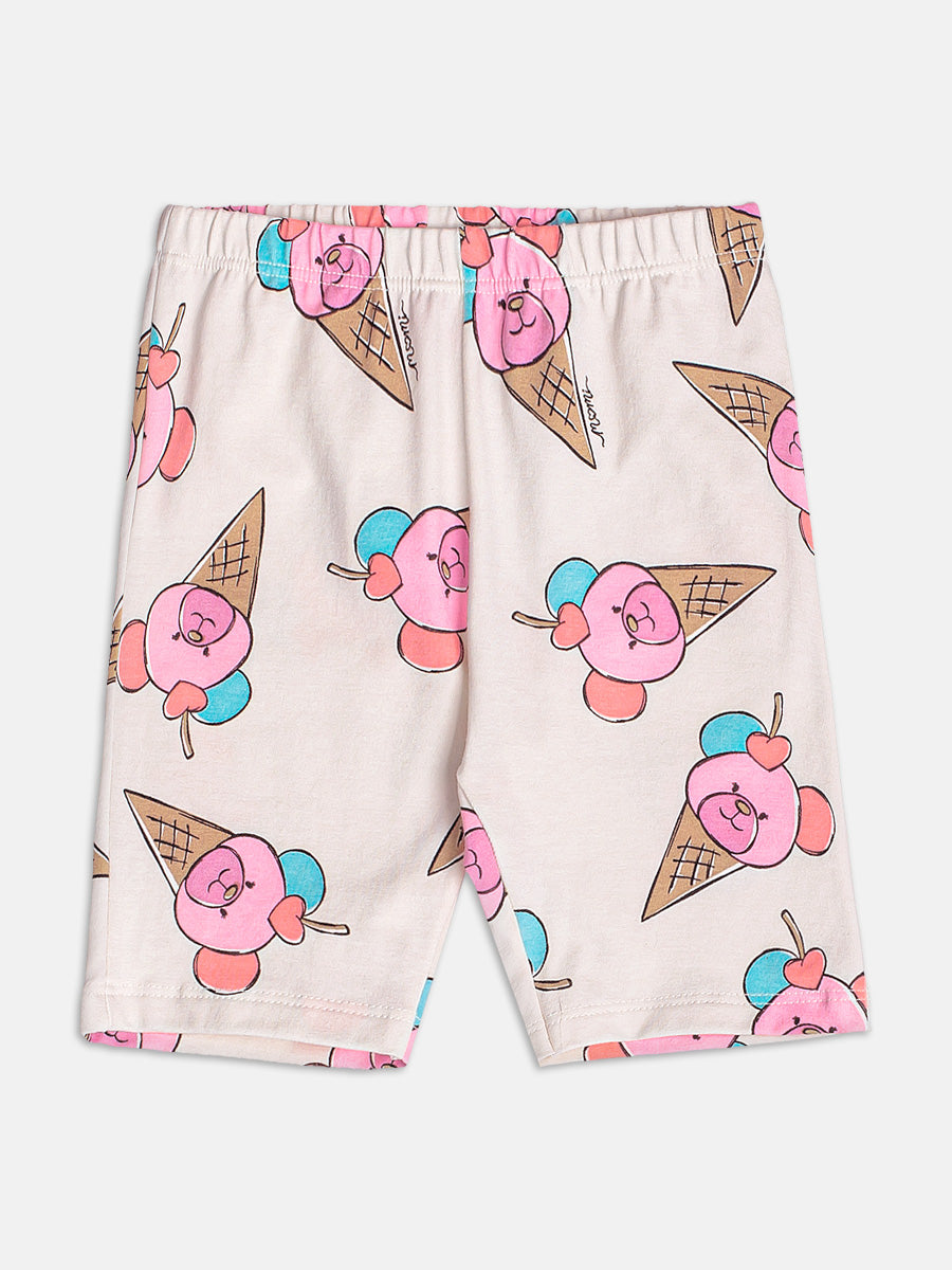 Conjunto Infantil Momi Verão com Shorts Ciclista Bege e Blusa Rosa Ursinho Sorvete