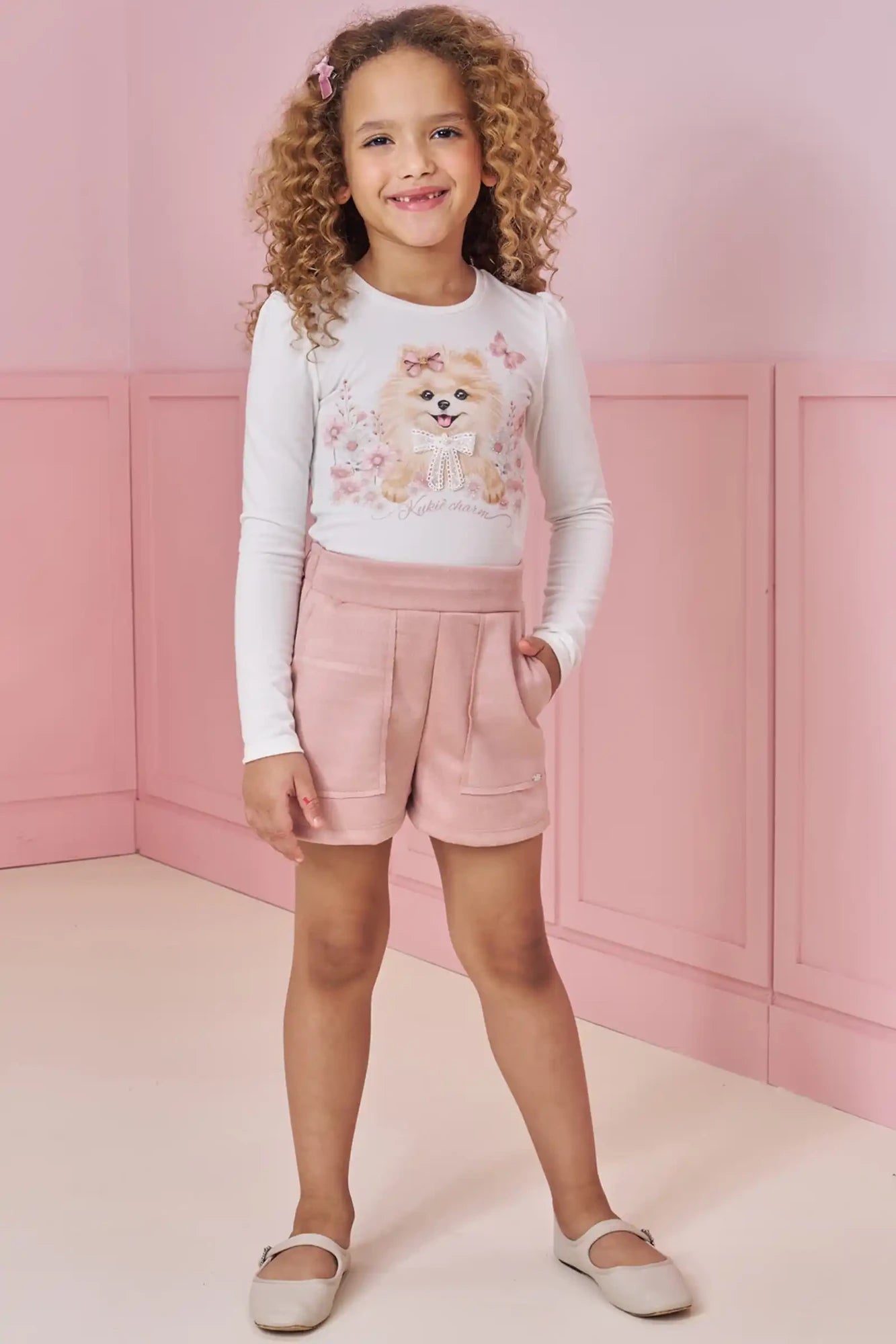 Conjunto Infantil Kukiê Inverno com Shorts Rosa e Blusa Manga Longa Cachorrinha Lacinho