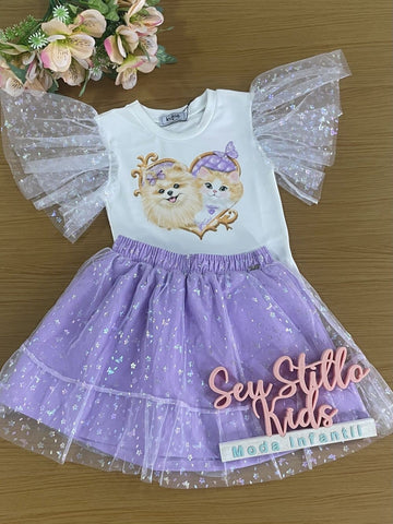 Conjunto Infantil Kukie Verão Com Saia e Blusa Gatinha e Cachorrinha