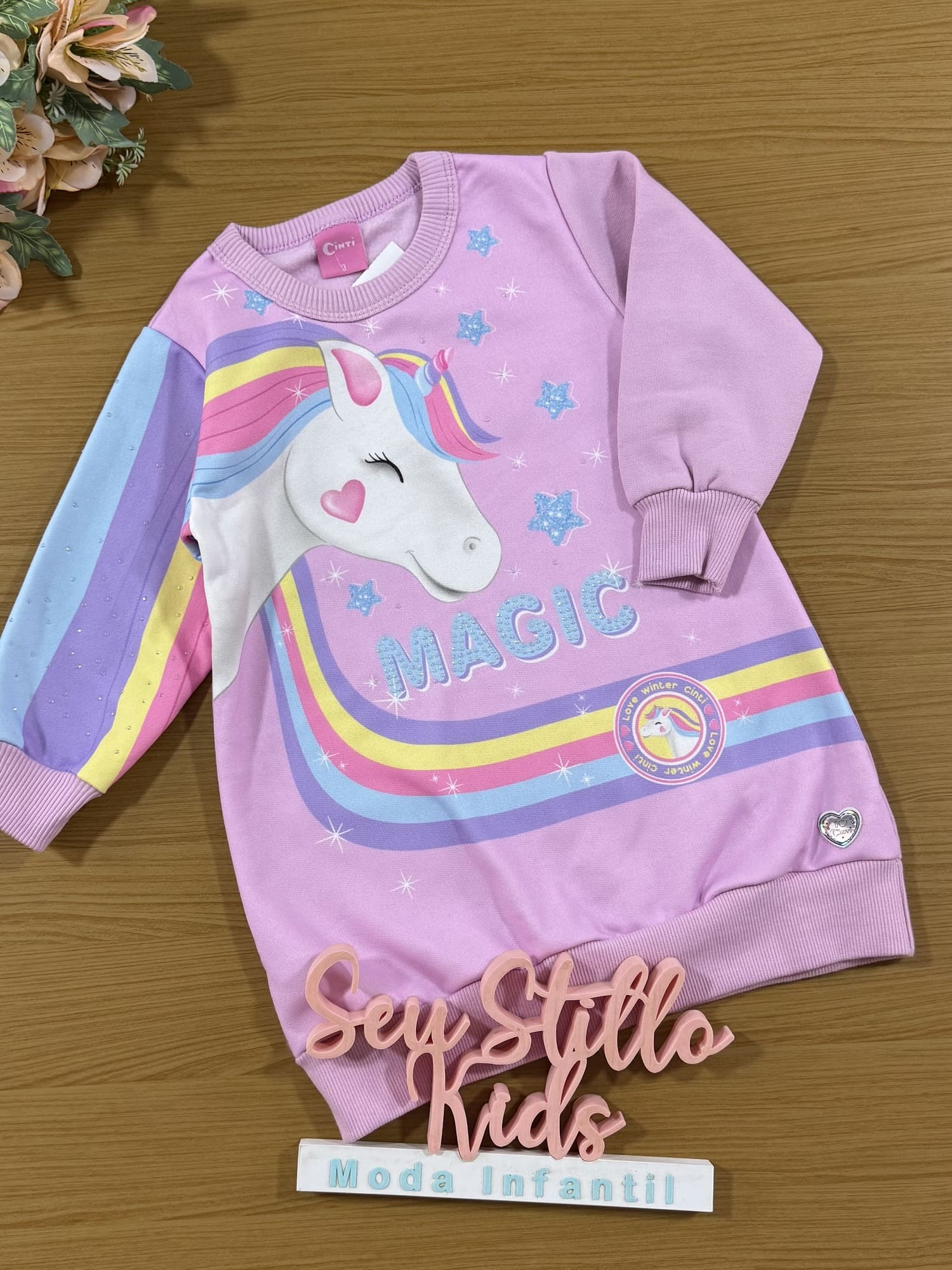 Vestido Infantil Cinti Inverno Flanelado Lilás Unicórnio