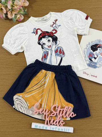 Conjunto Infantil Animê Saia e Blusa Manga Curta Branca de Neve Disney
