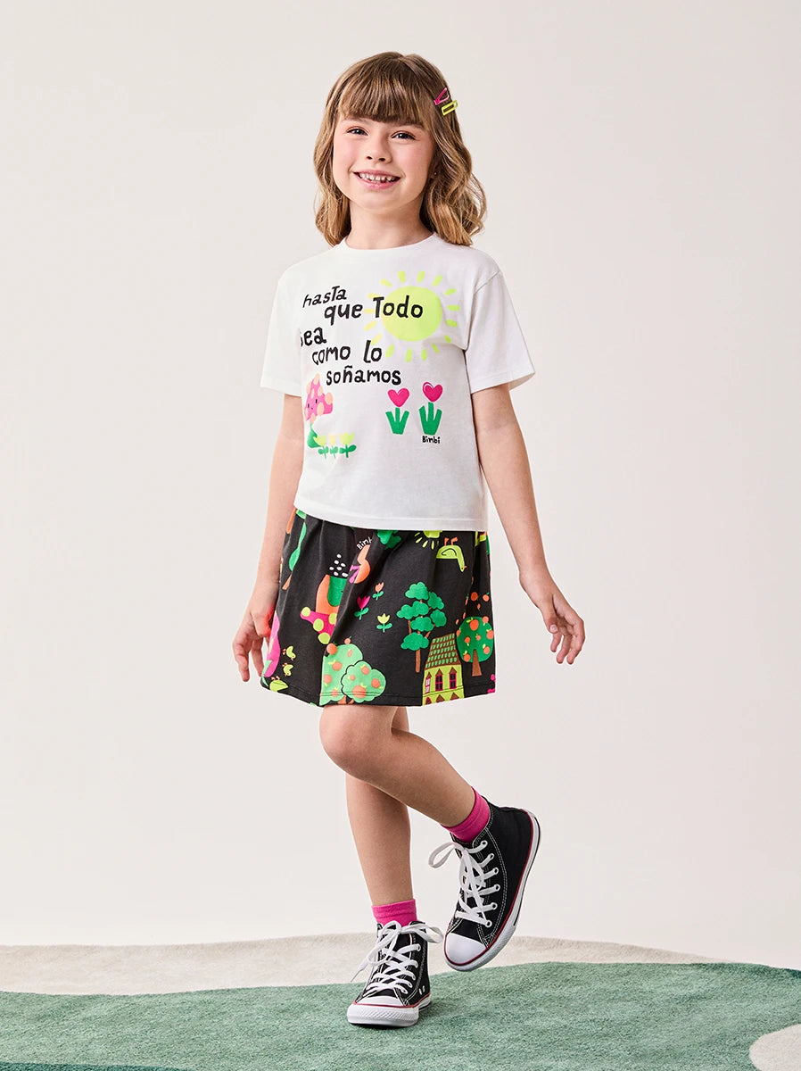 Conjunto Infantil Bimbi Inverno com Saia Preta e Blusa Manga Curta Cogumelo Feliz