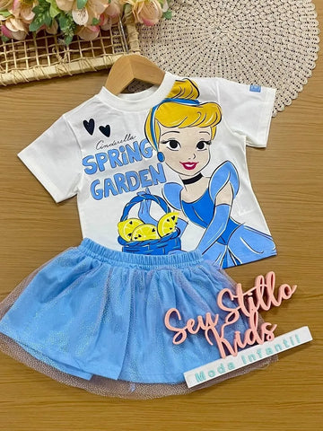 Conjunto Infantil Menina Bimbi com Saia Azul Tule e Blusa Branca Cinderella Disney