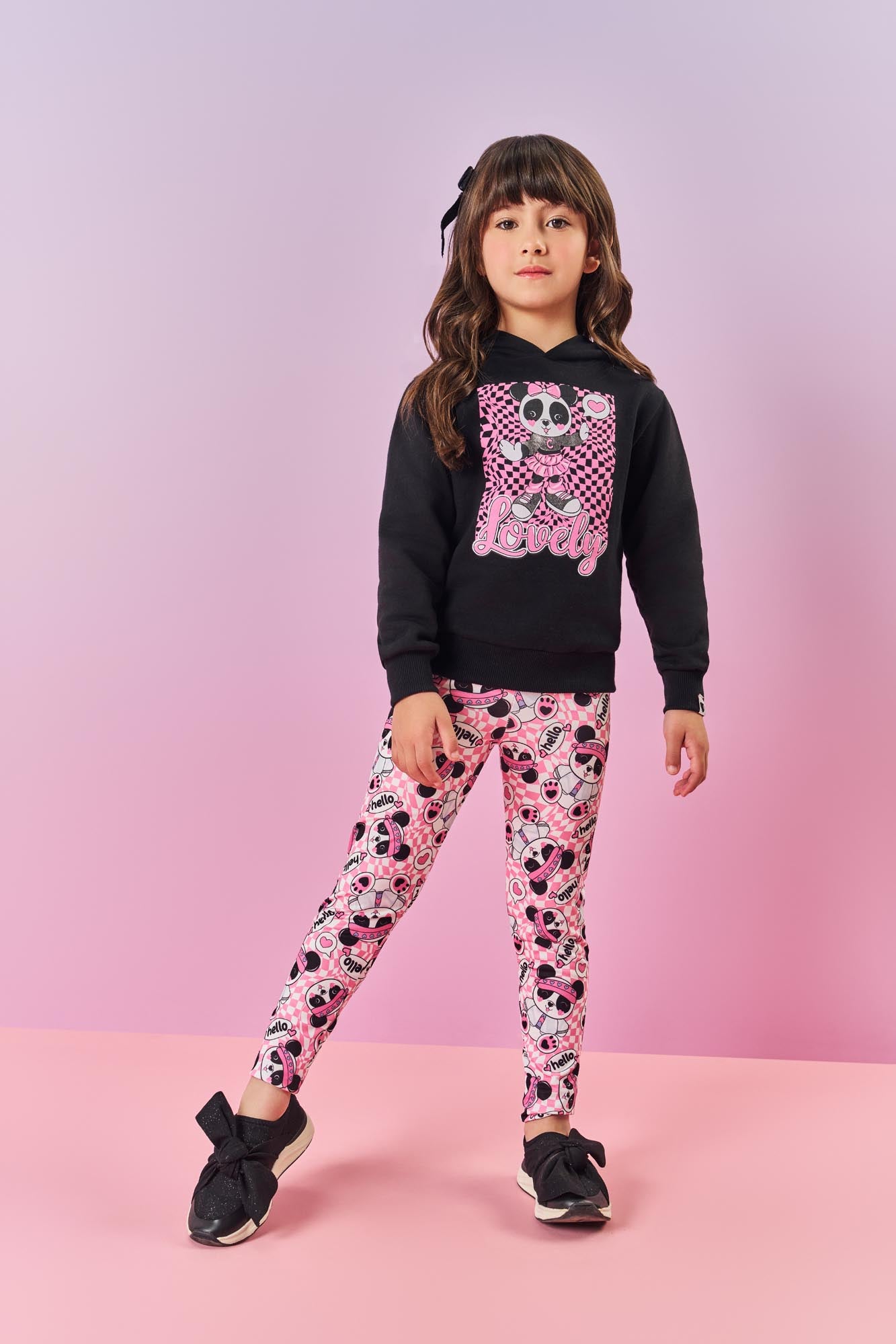 Conjunto Infantil Cinti Inverno Calça Legging e Moletom Flanelado Preto Panda