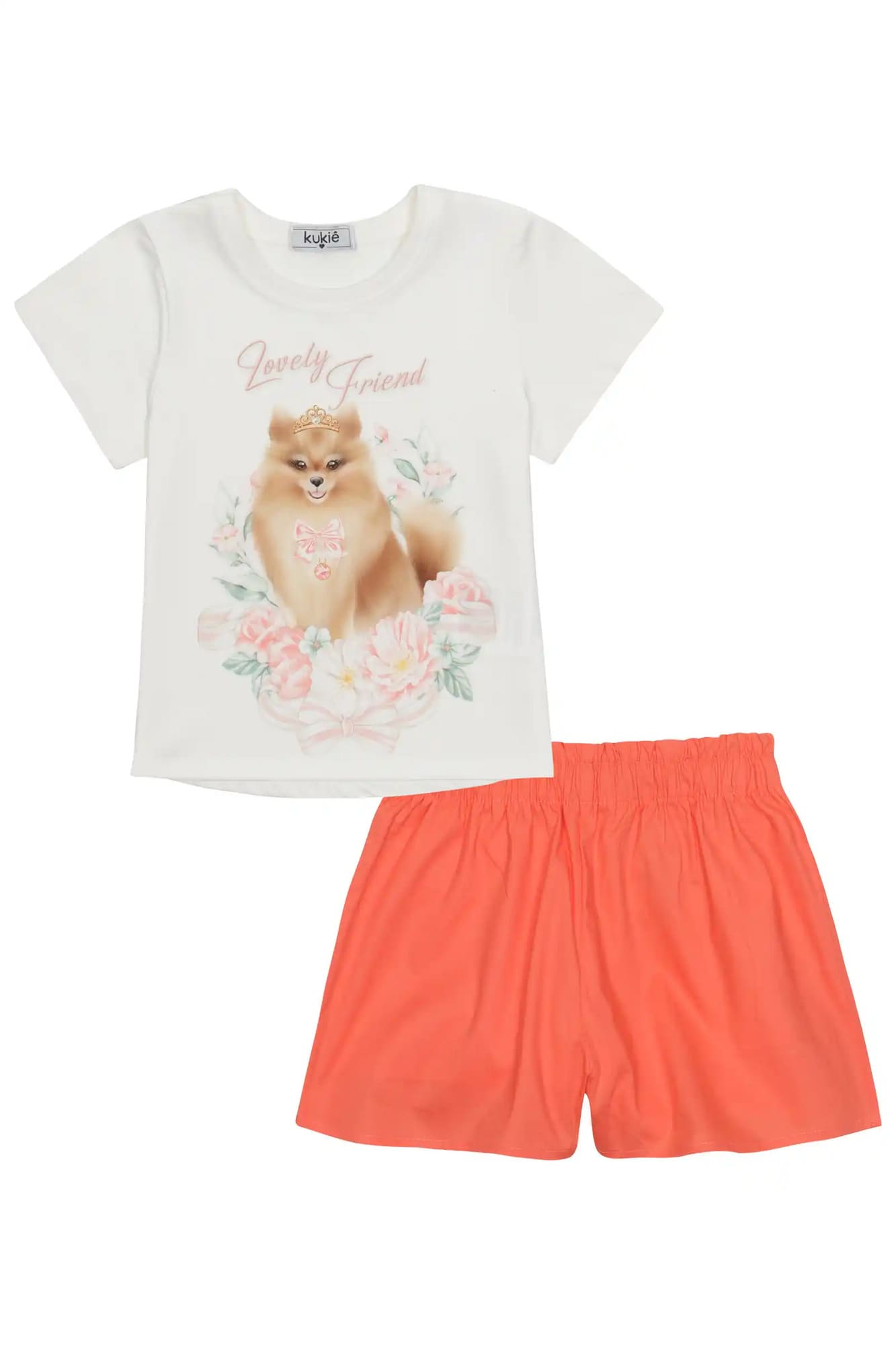 Conjunto Infantil Kukiê com Shorts Laranja e Blusa Manga Curta Cachorrinha