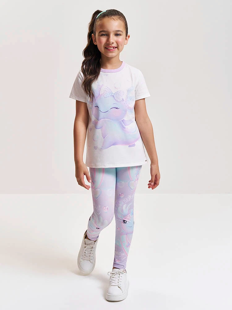Conjunto Infantil Cinti Verão com Calça Legging Lilás e Blusa Axolote