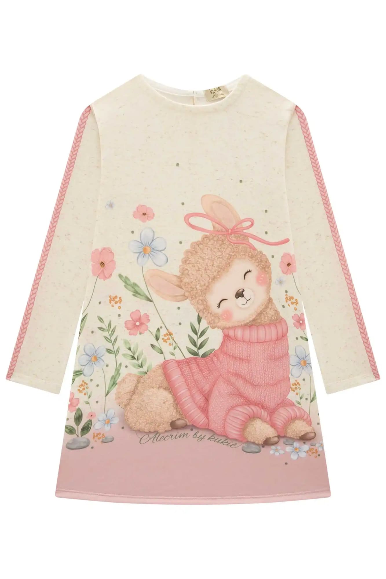 Vestido Infantil Kukiê Alecrim Inverno Off White Lhama com Bolsinha