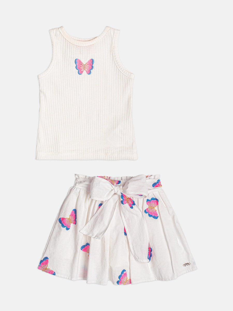 Conjunto Infantil Menina Momi com Saia e Blusa Borboletinhas Bordadas