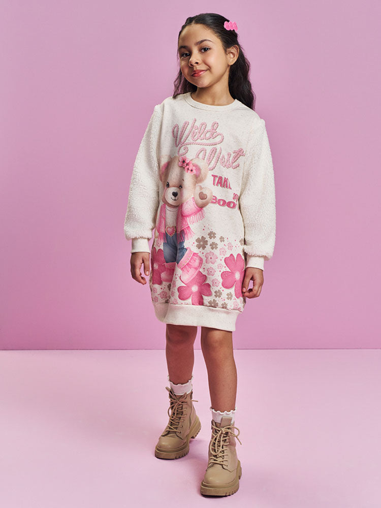 Vestido Infantil Cinti Inverno Off White Ursinha com Strass