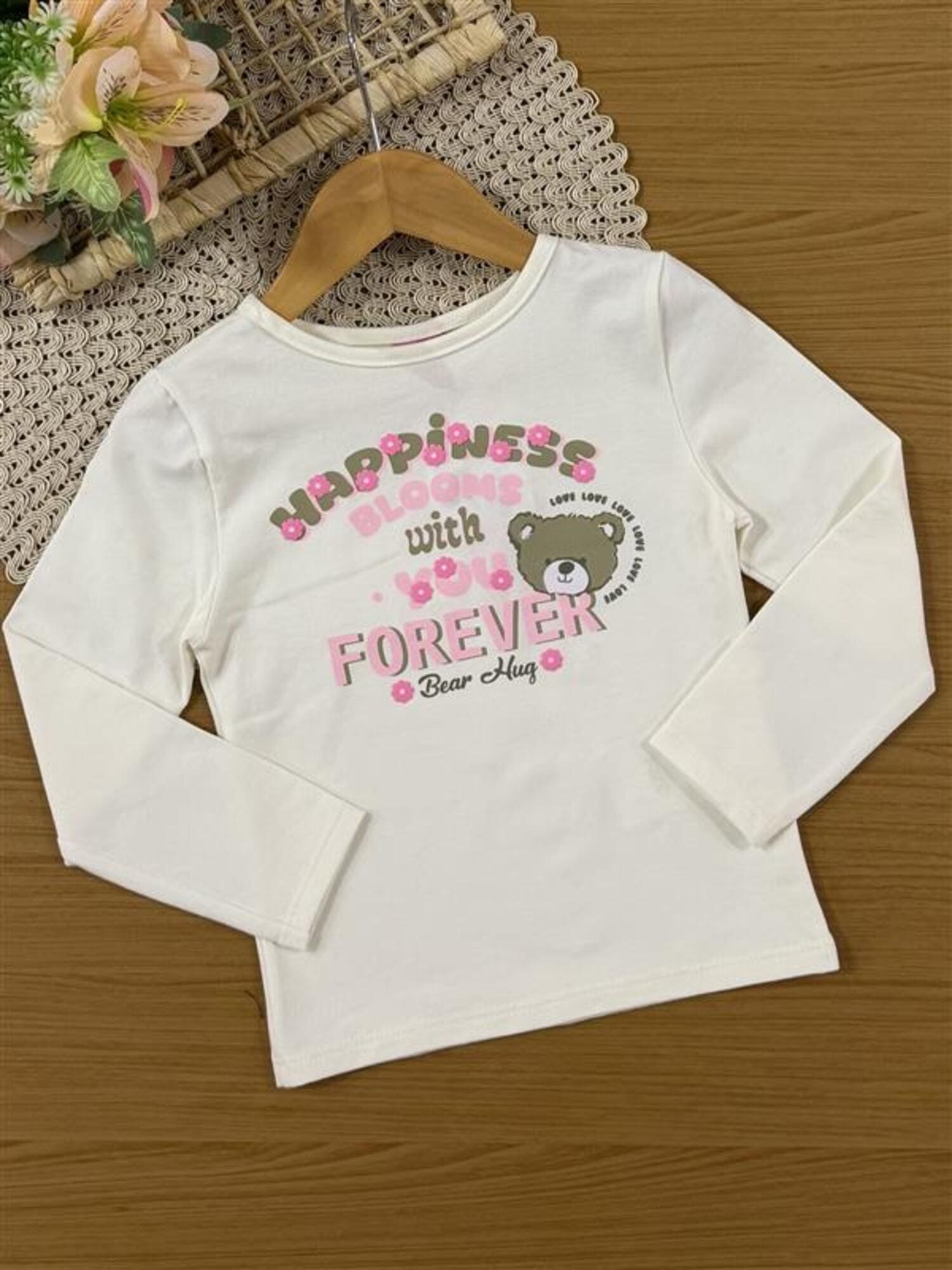 Conjunto Infantil Cinti Inverno com Saia Bege e Blusa Manga Longa Ursinha Happiness
