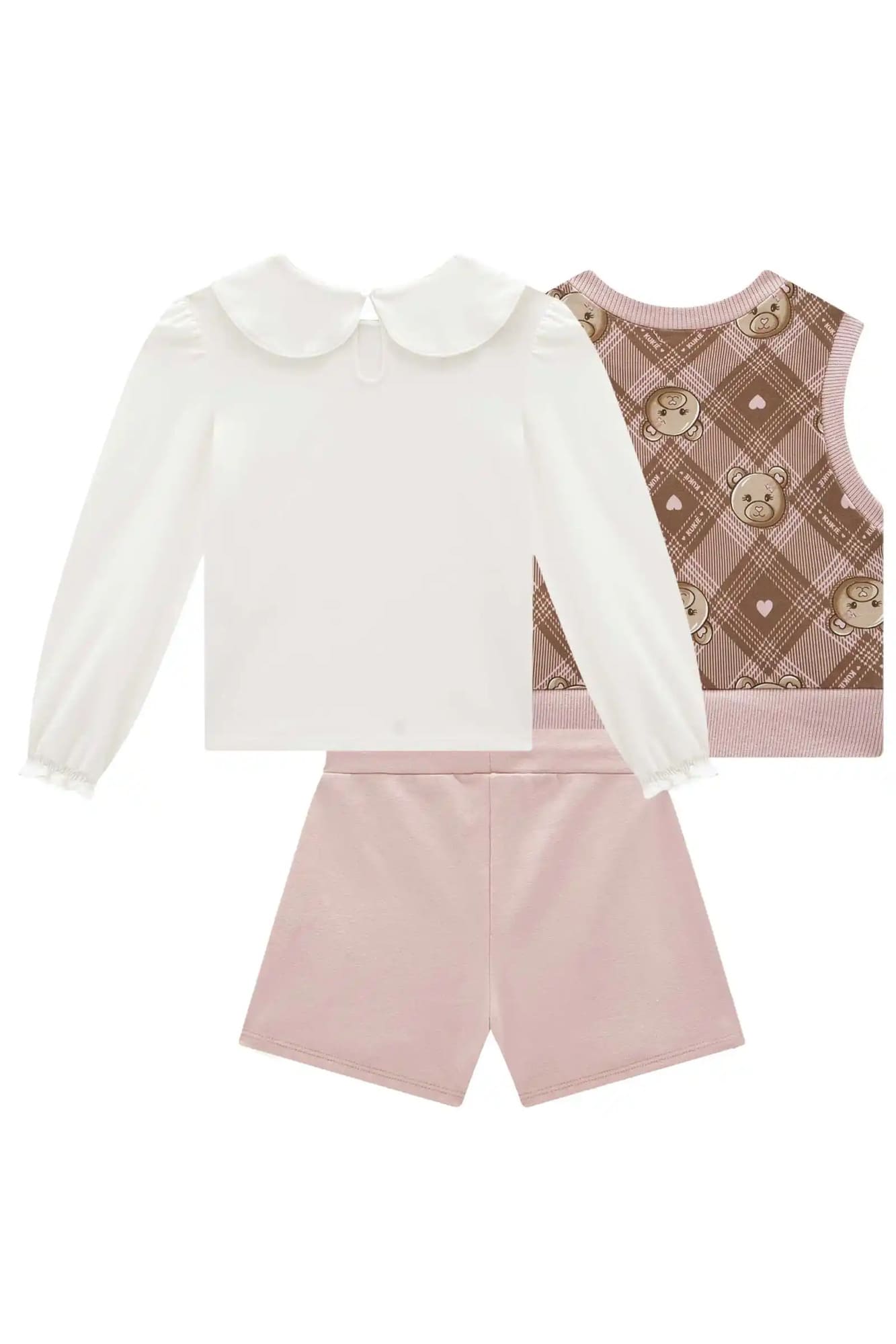 Conjunto Infantil Kukiê Inverno com Shorts Saia Rosa e Blusa com Colete Ursinhos