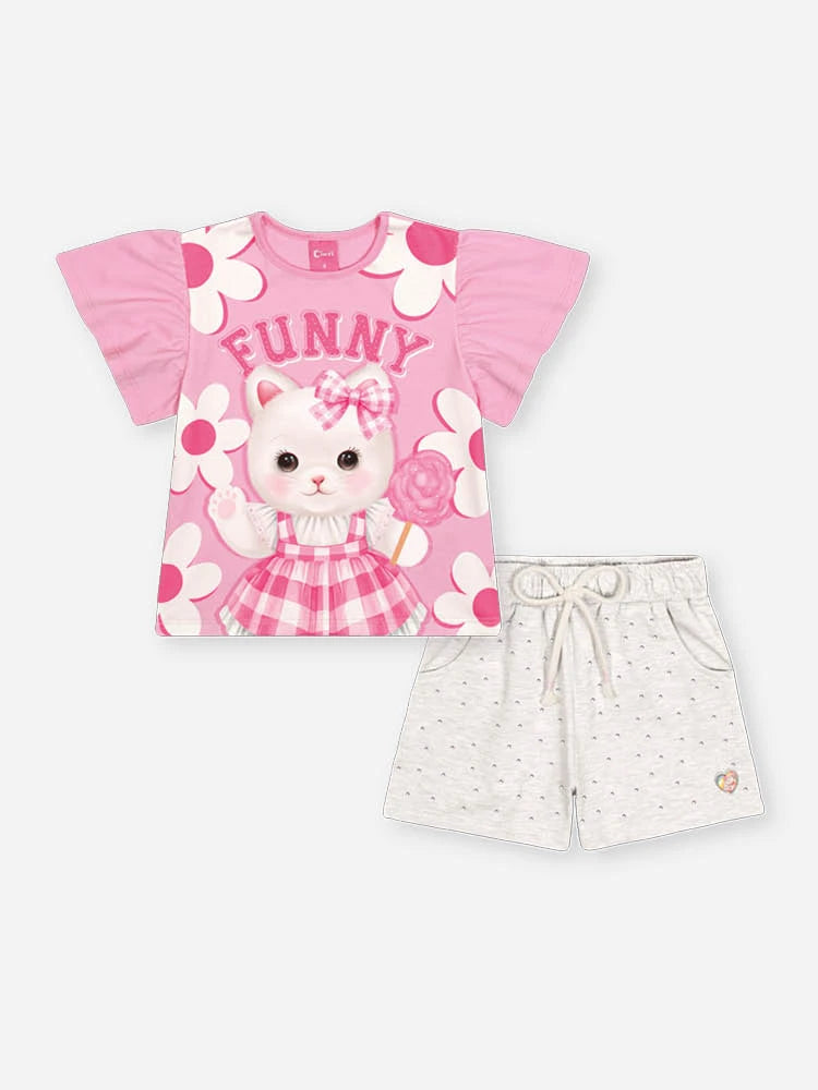 Conjunto Infantil Cinti Inverno  com Shorts Cinza e Blusa Manga Curta Gatinha Funny