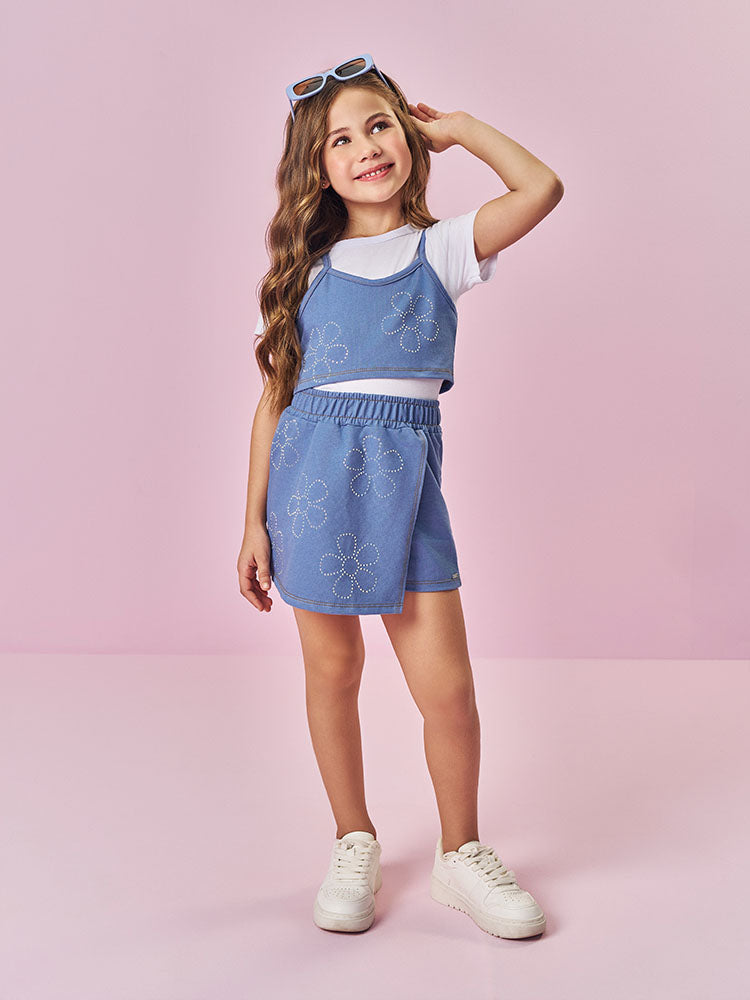 Conjunto Infantil Cinti Verão, Shorts Saia e Top Azul Florzinha com Blusa Branca