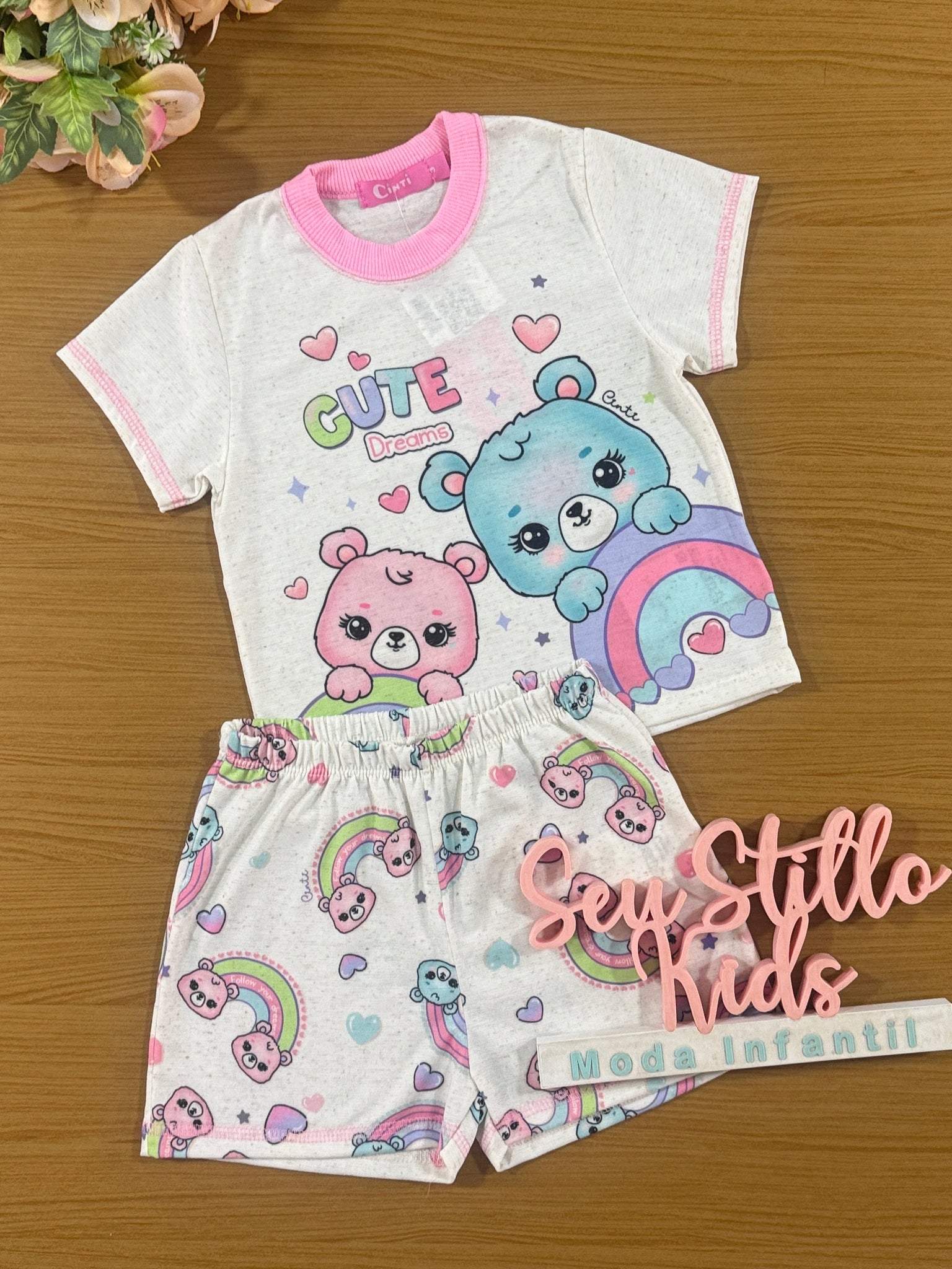 Pijama Infantil Cinti Verão Shorts e Blusa Ursinho Rosa