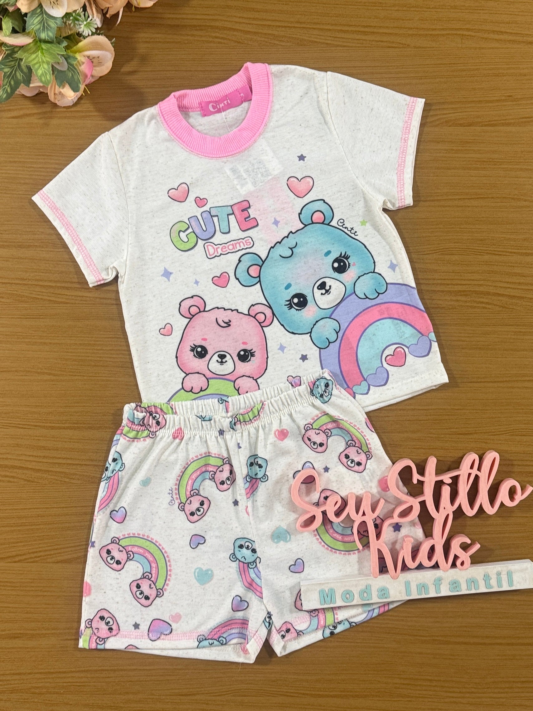 Pijama Infantil Cinti Verão Shorts e Blusa Ursinho Rosa
