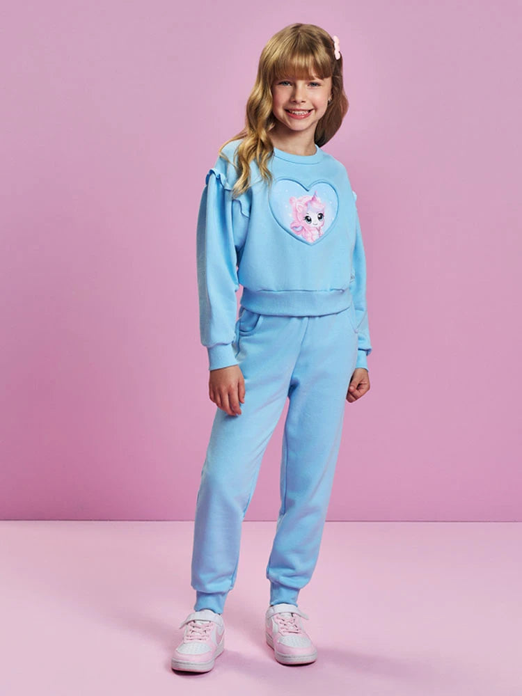 Conjunto Infantil Cinti Inverno com Calça e Moletom Flanelado Azul Unicórnio Coração