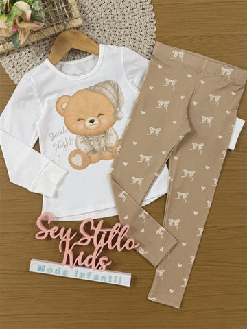 Pijama Infantil Kukiê Inverno com Calça Bege e Blusa Branca Ursinho