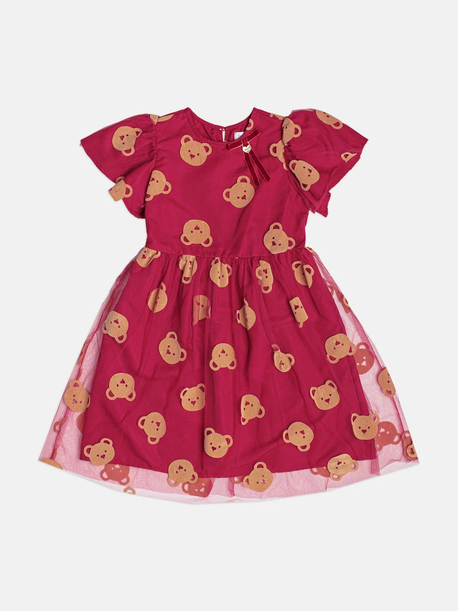 Vestido Infantil Momi Inverno Vermelho em Tule Ursinhos