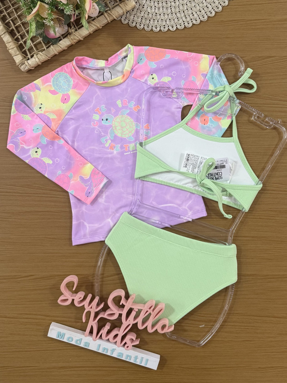 Biquíni Infantil Kukiê Verão Verde com Blusa Manga Longa Tartaruguinha