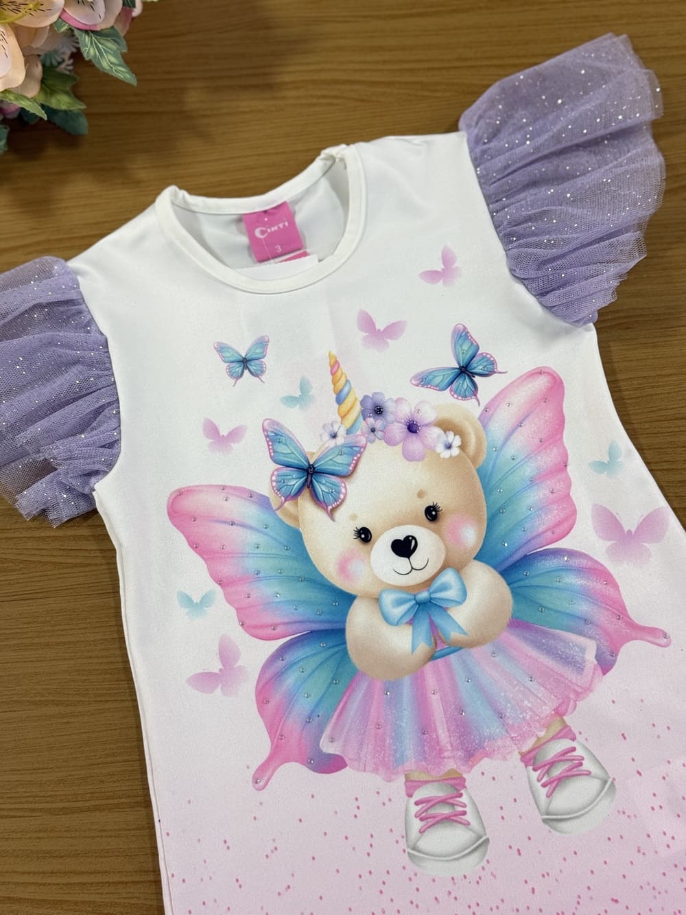 Vestido Infantil Cinti Verão Branco Ursinha Borboleta