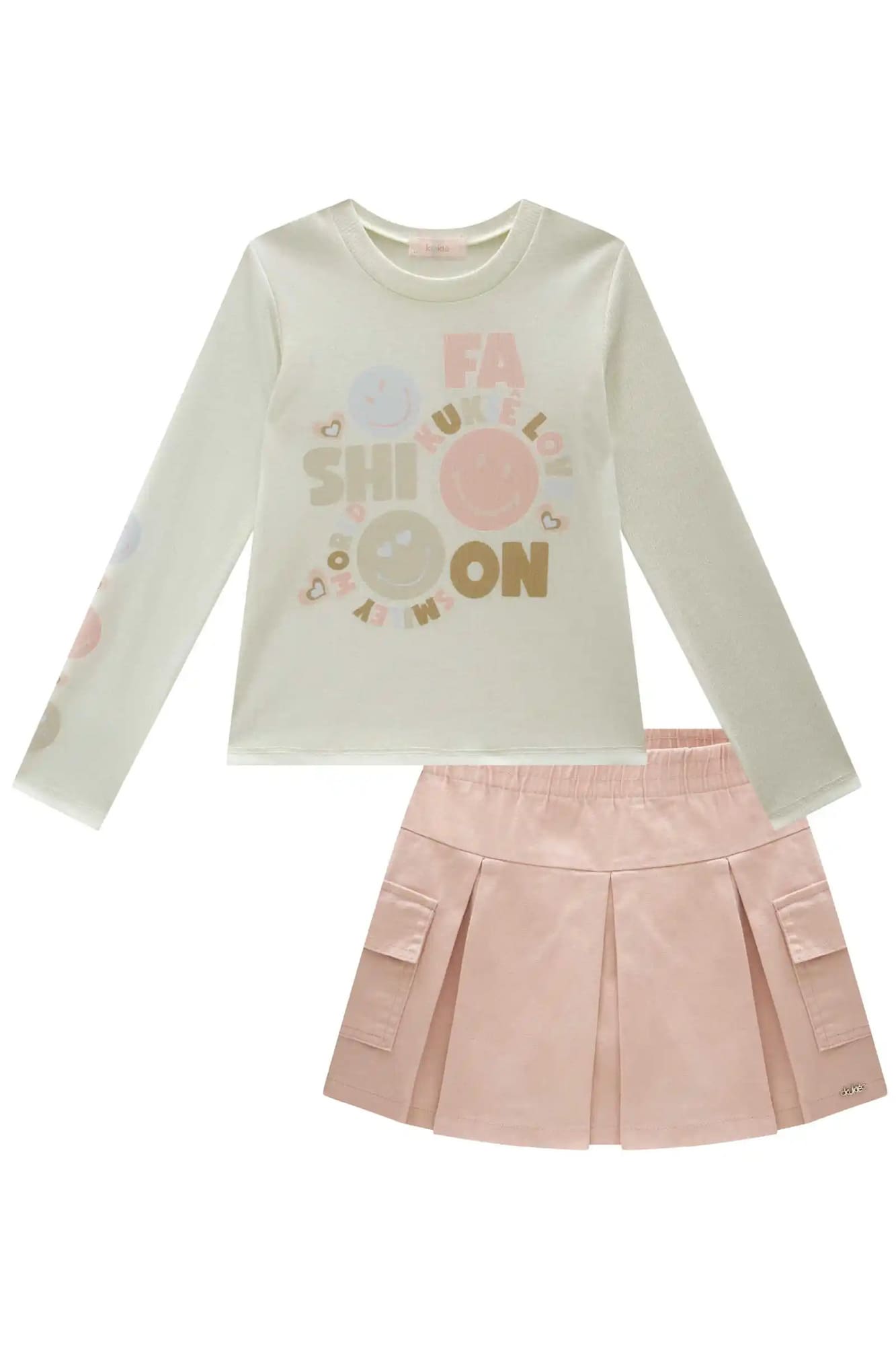 Conjunto Infantil Kukiê Inverno com Saia Rosa e Blusa Manga Longa Emojis