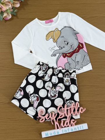 Conjunto Infantil Momi Inverno com Short-Saia Preto e Blusa Manga Longa Dumbo