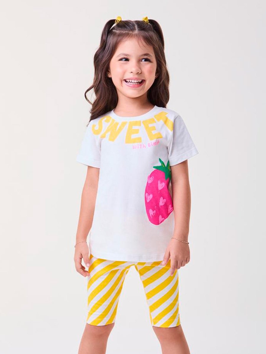 Conjunto Infantil Bimbi Verão com Shorts Ciclista Listrado e Blusa Branca Sweet