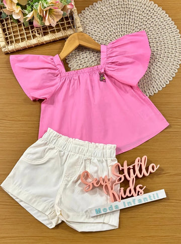 Conjunto Infantil Menina Momi com Shorts e Blusa Rosa